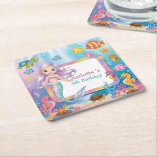Cute Rainbow mermaid fish turtle star Birthday Square Paper Coaster