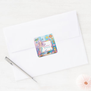 Cute Rainbow mermaid fish turtle star Birthday Square Sticker