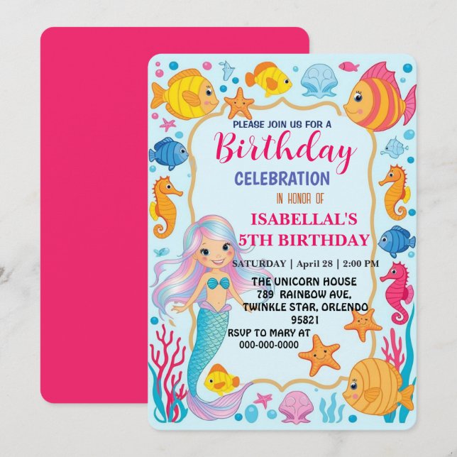 Cute rainbow mermaid octopus star birthday pa save the date (Front/Back)