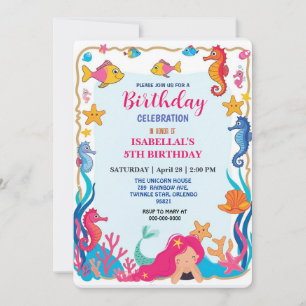 Cute rainbow mermaid seahorse fish birthday save the date