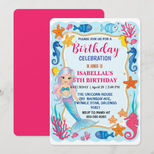 Cute rainbow mermaid seahorse star birthday party save the date