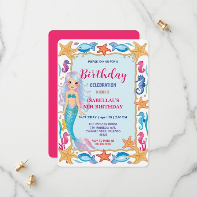 Cute rainbow mermaid seahorse star fish birthday save the date (Front/Back In Situ)