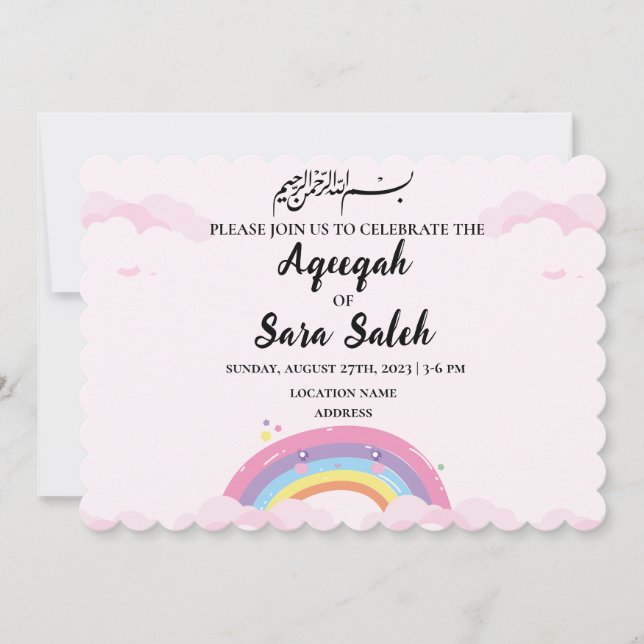 Cute Rainbow Muslim Aqiqah Girl Invitation Card (Front)
