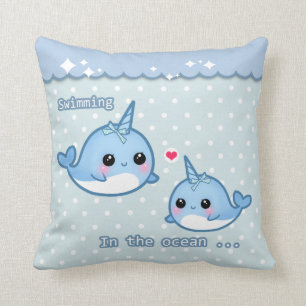 Cute rainbow narwhal on white & blue polka dots cushion