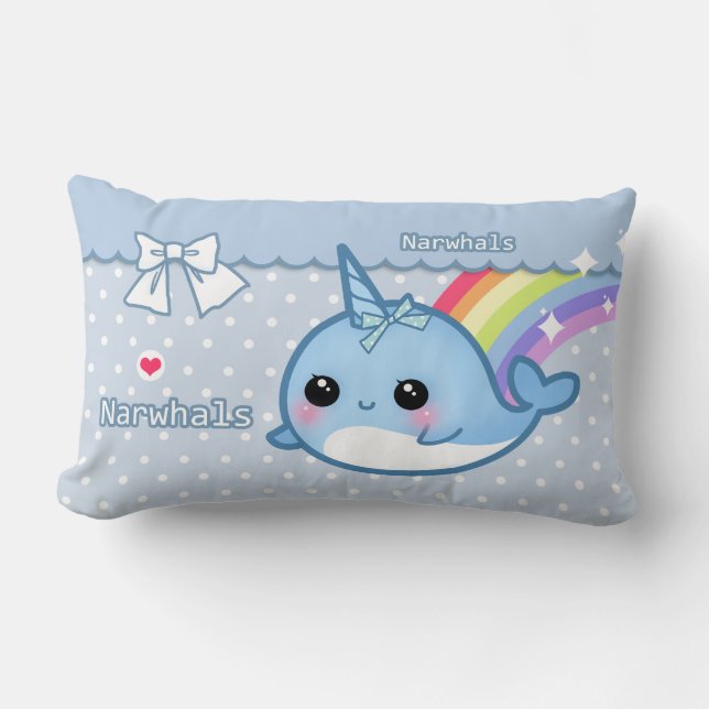 Cute rainbow narwhal on white & blue polka dots lumbar cushion (Front)