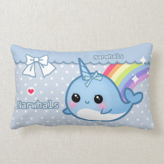 Cute rainbow narwhal on white & blue polka dots lumbar cushion