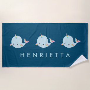 Cute Rainbow Narwhal Personalised Name Kids Beach Towel