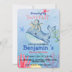 Cute rainbow octopus Whale 2nd Birthday party Invitation