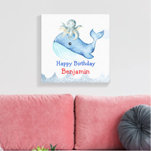 Cute rainbow octopus Whale fish Birthday party Canvas Print
