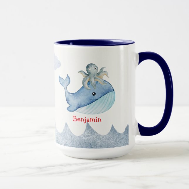 Cute rainbow octopus Whale fish Birthday party Mug (Right)