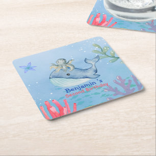 Cute rainbow octopus Whale fish Birthday party Square Paper Coaster