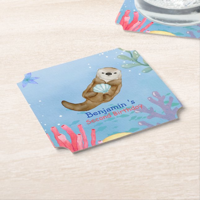 Cute rainbow Otter Scallops Birthday party Paper Coaster (Angled)