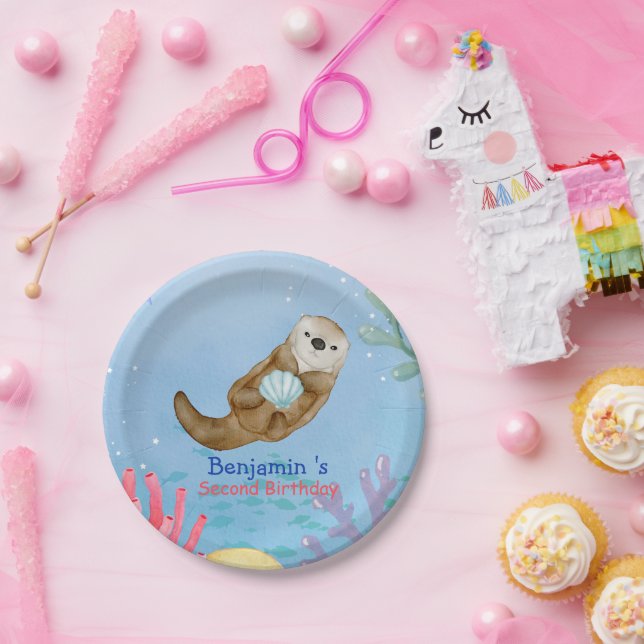 Cute rainbow Otter Scallops Birthday party Paper Plate (Party)