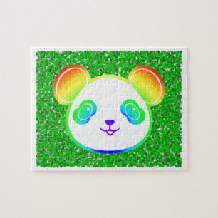 Cute Rainbow Panda Bear On Foliage Background Jigsaw Puzzle
