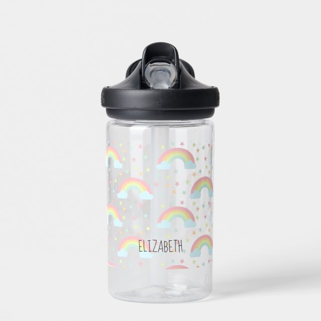 Cute Rainbow Pastel Personalised Back to School Water Bottle (Front)