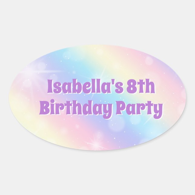 Cute Rainbow Pastel Sparkle Custom Birthday Party Oval Sticker (Front)