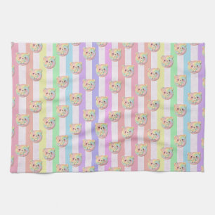 Cute Rainbow Pastel Teddy Bear and Stripe Tea Towel