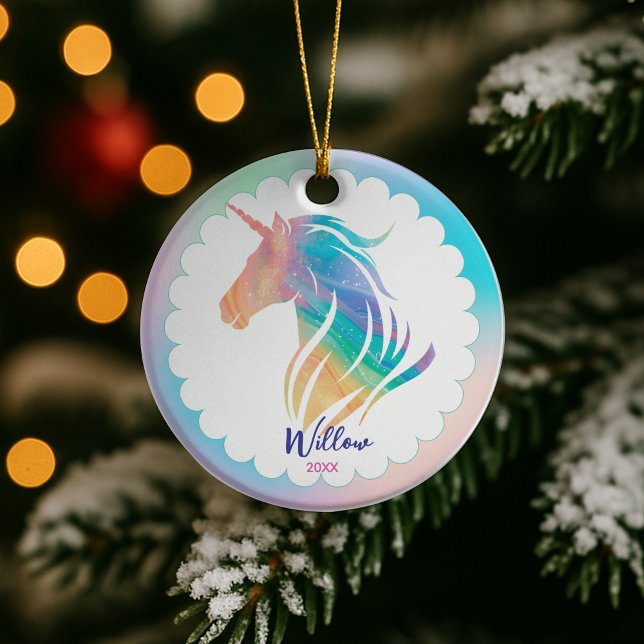 Cute rainbow pastel unicorn girly holiday keepsake ceramic tree decoration (Creator Uploaded)