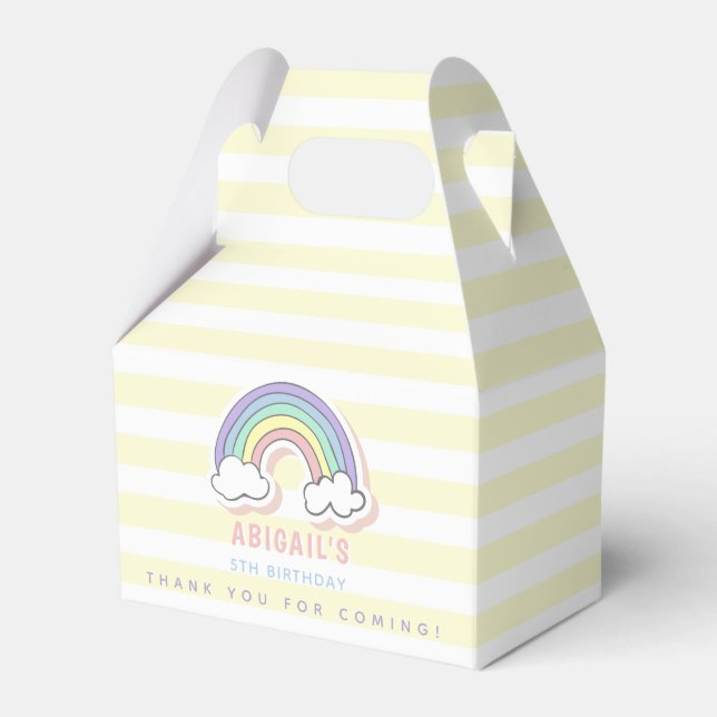Cute Rainbow - Pastel Yellow Striped Kids Birthday Favour Box (Front Side)
