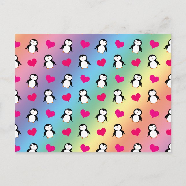 Cute rainbow penguin hearts pattern postcard (Front)