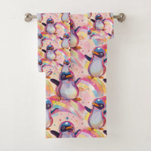 Cute Rainbow Penguins and Stars Pattern Bath Towel Set