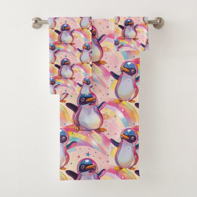 Cute Rainbow Penguins and Stars Pattern Bath Towel Set (Insitu)