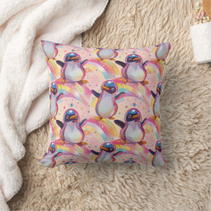 Cute Rainbow Penguins and Stars Pattern Cushion