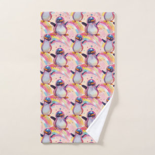 Cute Rainbow Penguins and Stars Pattern Hand Towel