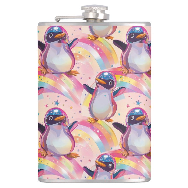 Cute Rainbow Penguins and Stars Pattern Hip Flask (Front)