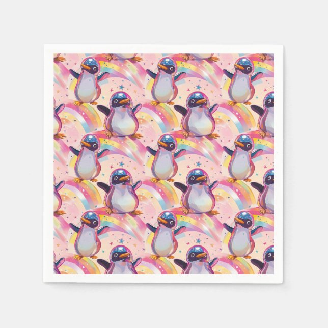 Cute Rainbow Penguins and Stars Pattern Napkin (Front)