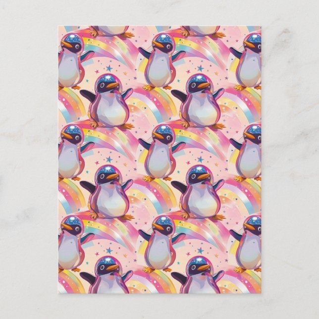 Cute Rainbow Penguins and Stars Pattern Postcard (Front)