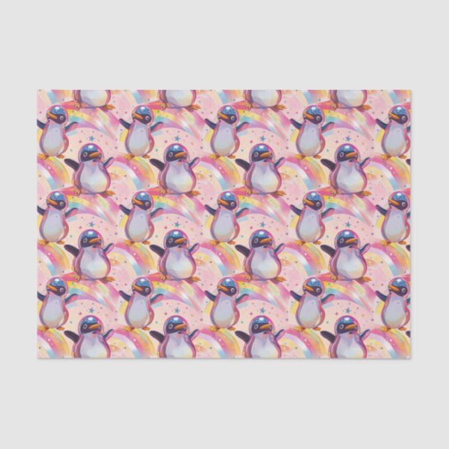 Cute Rainbow Penguins and Stars Pattern Tissue Paper (Front)