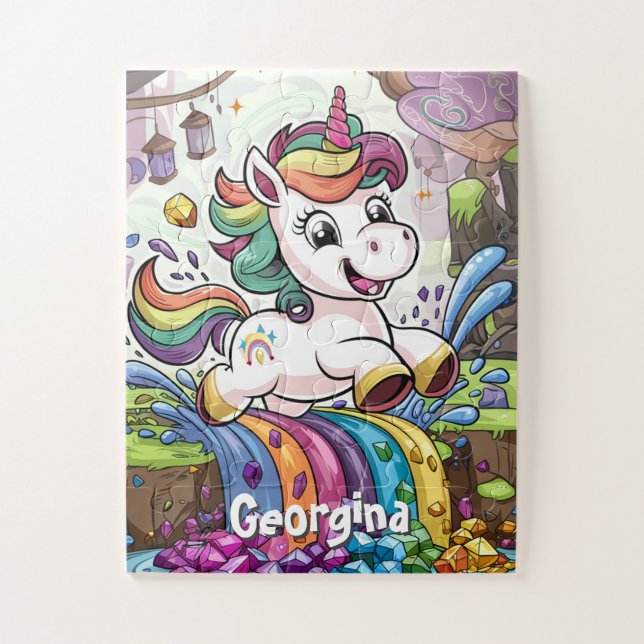 Cute Rainbow Personalised Unicorn Kids Jigsaw Puzzle (Vertical)