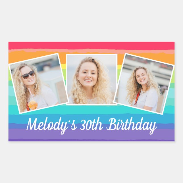 Cute Rainbow Photo Collage Custom Birthday Party Rectangular Sticker (Front)