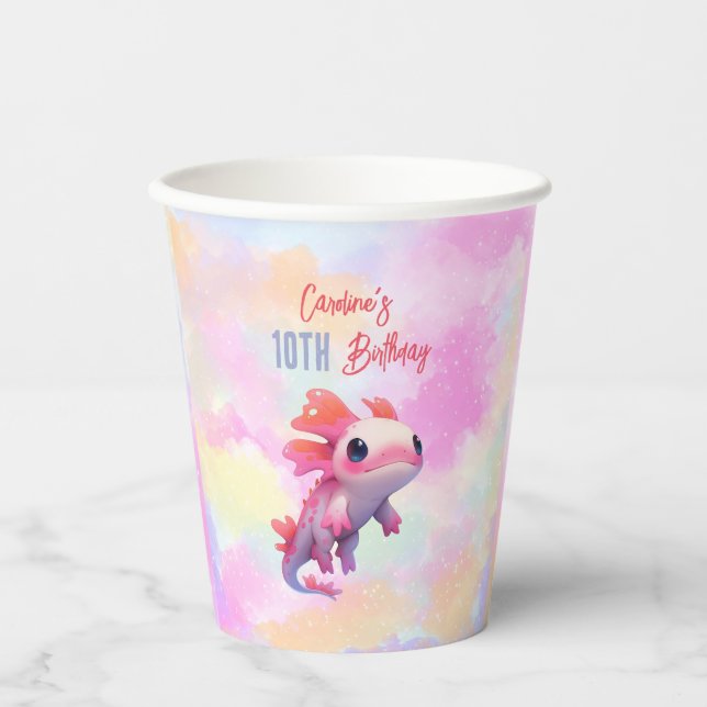 Cute rainbow pink axolotl girl birthday paper cups (Front)