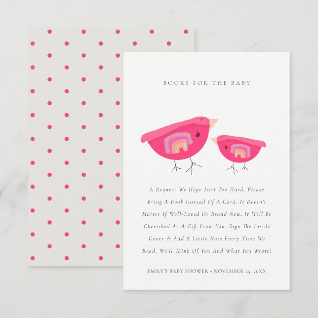 Cute Rainbow Pink Birdy Books For Baby Shower Enclosure Card (Front/Back)