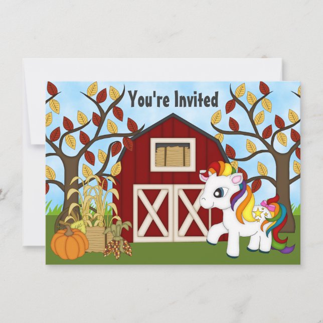 Cute Rainbow Pony and Barn Autumn Horse Birthday Invitation (Front)
