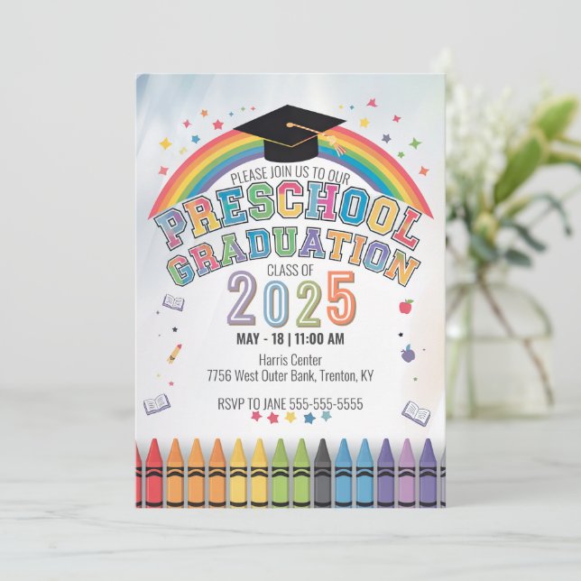 Cute Rainbow Preschool Graduation Cap Confetti Invitation (Standing Front)