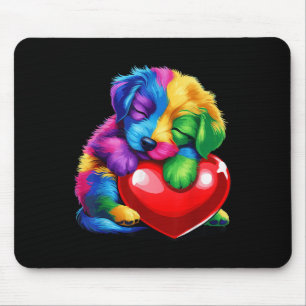 Cute Rainbow Puppy Hugging Valentine Heart Kids Bo Mouse Mat