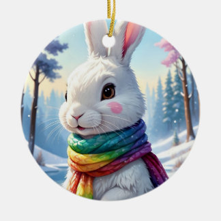 Cute Rainbow Scarf White Winter Rabbit Ceramic Tree Decoration