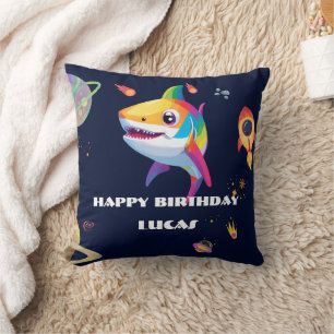 Cute rainbow Shark Galaxy Rocket birthday party Cushion