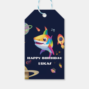 Cute rainbow Shark Galaxy Rocket birthday party Gift Tags