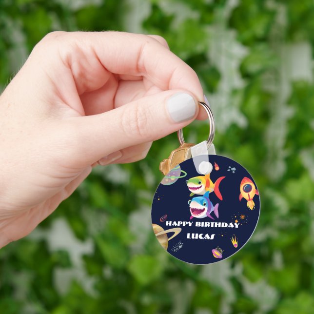 Cute rainbow Shark Galaxy Rocket birthday party  Key Ring (Hand)