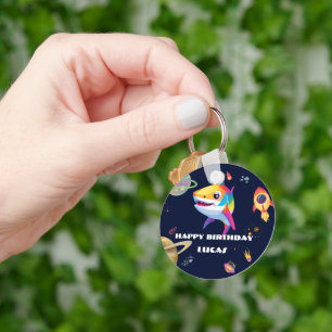 Cute rainbow Shark Galaxy Rocket birthday party  Key Ring
