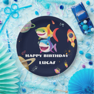 Cute rainbow Shark Galaxy Rocket birthday party Paper Plate
