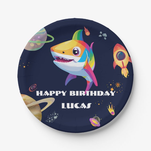 Cute rainbow Shark Galaxy Rocket birthday party  Paper Plate (Front)