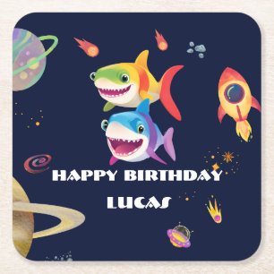 Cute rainbow Shark Galaxy Rocket birthday party  Square Paper Coaster