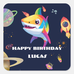 Cute rainbow Shark Galaxy Rocket birthday party Square Sticker