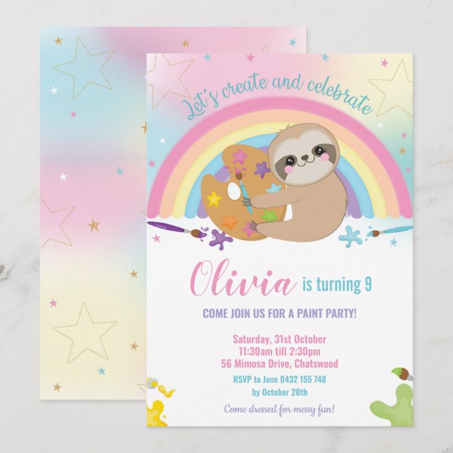 Cute Rainbow Sloth Art Paint Birthday Party Girl Invitation (Front/Back)