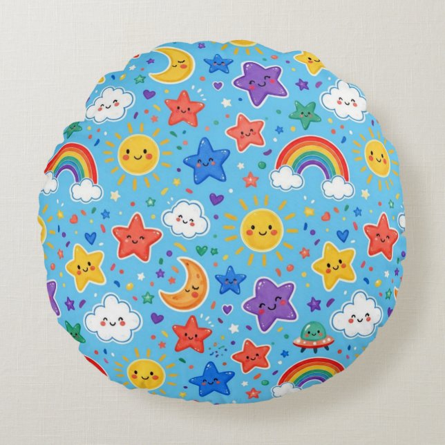 Cute Rainbow Space Seamless Pattern Round Cushion (Front)